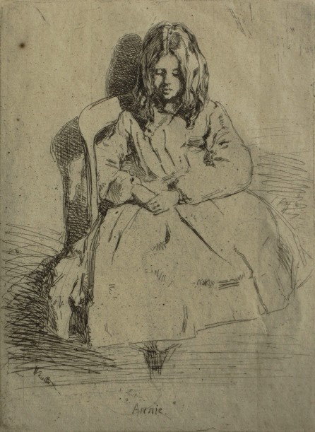 James A.M. Whister etching: James A.M. Whistler- ''Annie Seated'' (Kennedy 30)- etching, ca. 1858, one spot of foxing, old streak on top right corner verso, taped to top mat with tape along top edge verso. 5 1/16 x 3 3/4''