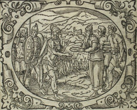 Jost Amman woodcut: Jost Amman- The Offering- woodcut. 2 1/4 x 3''