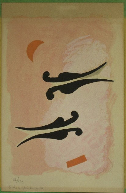 Georges Braque lithograph in colors: Georges Braque- ''La Nuit La Faim'' (Bouvet 154, pl. 26)- lithograph in colors, 1960, numbered 36/130 in pencil, light struck and mat burn. 9 x 6''
