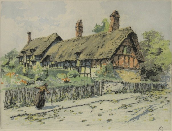 Hans Figura etching: Hans Figura- Ann Hathaway Cottage, Stratford-on-the-Avon''- etching and aquatint in colors, signed and numbered 69 of 250 in pencil. 9 3/4 x 13''