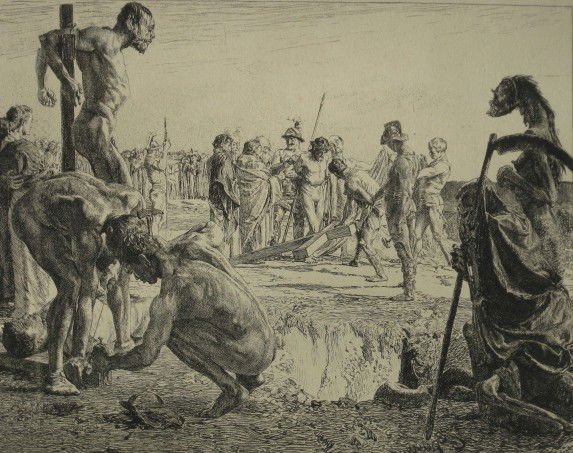 Otto Greiner lithograth: Otto Greiner- ''Golgatha'' (Vogel 59)- lithograph on chine colle, as published in Pann II, foxing in margins. 8 x 10 1/4''