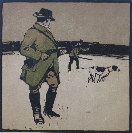 William Nicholson lithograph: William Nicholson- Shooting (Campbell 33c)- lithograph in colors, 1897, edition of 2000 from An Almanac of Twelve Sports (September), unsigned as issued. 7 3/4 x 7 3/4''