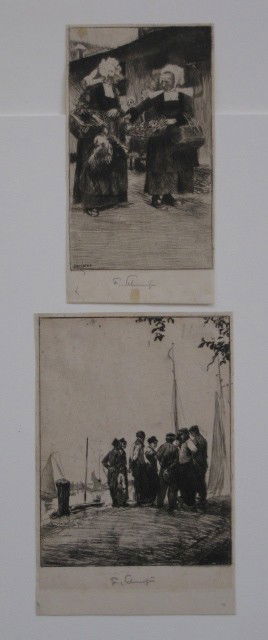 Ferdinand Schmutzer 2 etchings: Fernand Schmutzer- ''An Dyk'' (Weixlgartner 66); ''Breton Women'' (Weixlgartner 122)- 2 etchings, both signed in pencil, trimmed to plate lines on 3 sides each, a few spots of staining. 4 5/8 x 3 1/2'