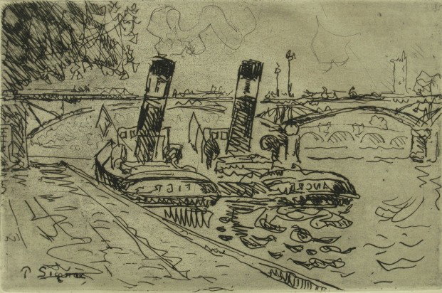 Paul Signac etching: Paul Signac- ''Paris: Le Pont des Arts ave Remorqueurs'' (Kornfeld 24)- etching and aquatint, 1927, taped to top mat two sides verso otherwise good condition. 5 x 7 1/2''