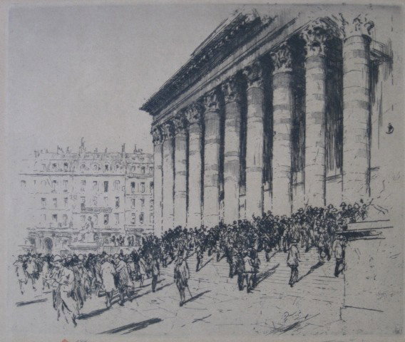 Tavik F. Simon etching: Tavik F. Simon- ''Le Bourse, Paris'' (Novak 193)- etching, 1912, signed and numbered 134 in pendil, red stamp, edition of 150, light struck and mat burn. 7 3/4'' x 9 1/4''