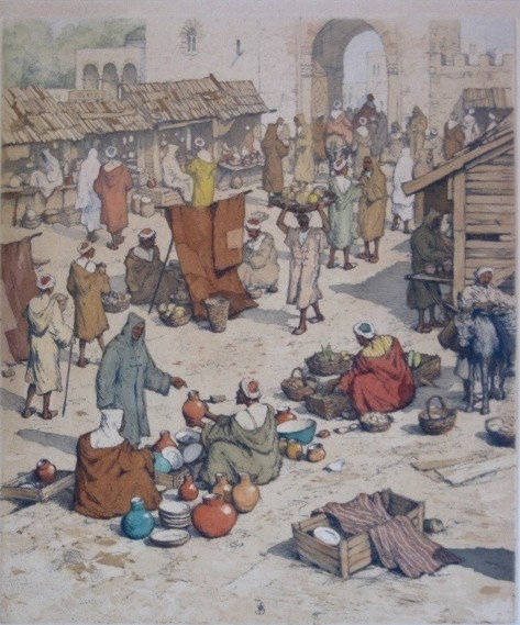 Tavik F. Simon etchings: Tavik F. Simon- ''Marketplace, Tangier'' (Baker 158)- etching, soft ground and aquatint in colors, ca. 1918, signed and numbered 37 in pencil, green stamp. 12 3/4 x 10 7/8'' ''Dutch Landscape in Winte