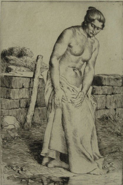 William Strang etching: William Strang- ''By The Riverside'' (D. S. 232i/III)- etching and engraving, signed in pencil by the son, annotated '1st state' in pencil, very good condition. 9 x 6''