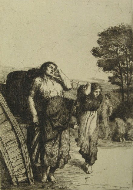 Willaim Strang etching: William Strang, Lifting Potatoes, etching ca. 1882. 9 1/8 x 6 1/4''