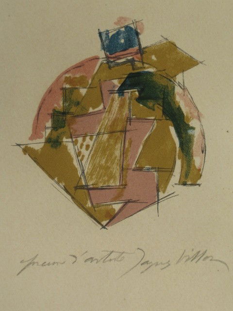 Jacque Villon lithograph: Jacques Villon- ''La Tete'' (Ginestet & Pouillon App. 105) - lithograph in colors, ca. 1960, signed and annotated 'epreuve d'artiste' in pencil, paper light struck and mat burn, masking tape on all 4