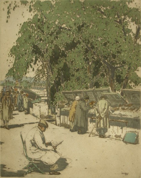 Vondrous etching and Webster etching: John Vondrous- ''Bookshops Along the Quai''- aquatint in colors, ca. 1928, signed and dated in pencil, lighstruck and mat burn. 13 3/4 x 10 3/4'' Herman Webster- ''Les Moeres''- etching, ca. 1938, sig