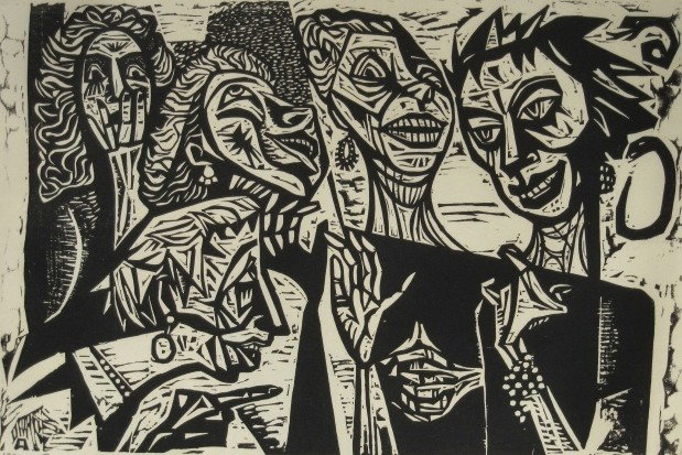 Irving Amen woodcut: Irving Amen- ''Scandal''- woodcut, signed, titled and numbered 100 of 250 in pencil, very good condition. 13 3/4 x 21''