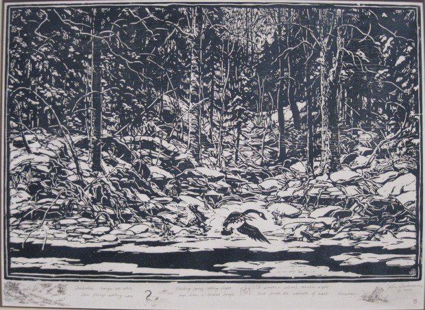 John Beuckemann woodcut: John Beuckemann- Landscape- woodcut, 1983, signed, dated and numbered 49/50 in pencil, poetry and remarque in pen along bottom edge, paper age toned, some scuffs. 24 x 36''