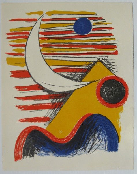 4 contemporary lithographs: Alexander Calder- composition in red, orange, black, lithograph in colors, very good condition. 12 1/2 x 10 1/2'' Hilda Castellon- ''Reflections''- lithograph, ca. 1970, signed in pencil, AAA edition