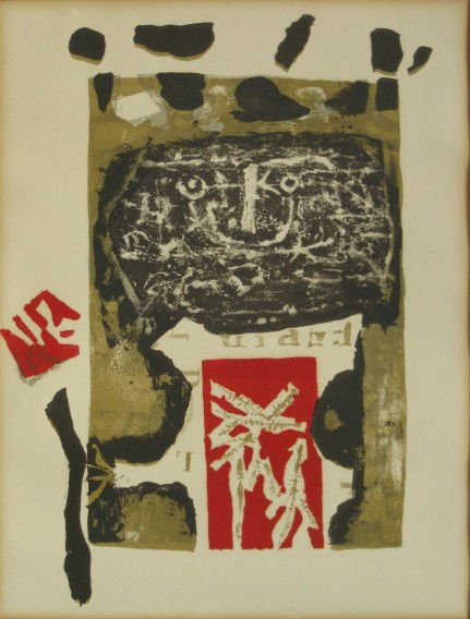 Antoni Clave lithograph: Antoni Clave- ''Figure''- lithograph in colors, illustration from 'Eloge de Clave', light struck and mat burn. 8 x 11''