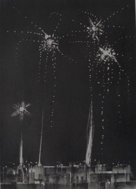 Richard Florsheim lithograph: Richard Florsheim- ''Fireworks'' (Iacono 126)- lithograph, 1961, signed in pencil, AAA edition of 250, slightly light struck. 14 x 10''