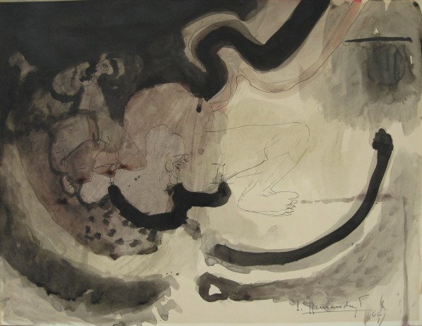 Luis Alberto Hernandez water and pen and ink: Luis Alberto Hernandez- Abstractd Figure- watercolor and pen and ink on paper, 1966, signed L. Hernancez '66 lower right, very good condition. 19 x 24 1/2''