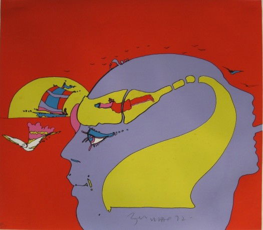 Peter Max lithograph: Peter Max- Profile with Sailing Ship & Bird''- lithograph in colors, ca. 1972, signed, dated and numbered AP/xxix in pencil. 15 x 17''