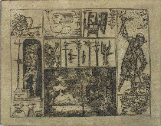Guillermo Silva Santamaria etching: Guillermo Silva Santamaria- ''Algo de Historia''- etching, ca. 1964, signed and dated in pencil, some foxing. 3 1/4 x 4''