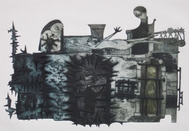 Guillermo Silva Santamaria etching: Guillermo Silva Santamaria- ''Algunes Pienson Diferente''- etching in colors, 1960, signed, dated, and titled in pencil, very slightly light struck. 10 1/2 x 17