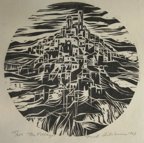Mel Silverman woodcut: Mel Silverman- ''The Village''- woodcut, ca. 1963, signed, date3d, titled adn numbered 135 of 250 in pencil, AAA edition, tape stains in 4 corners and on one edge well away from image. 12 1/2'' dia.