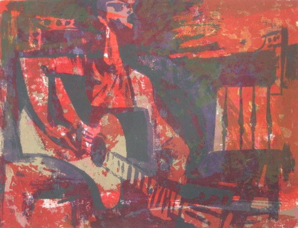 Mel Strawn silkscreen: Mel Strawn- ''Big Guitar''- silkscreen in colors, ca. 1955, signed, titled, dated, and numbered in pencil, edition of 23. 8 1/8 x 10 1/2''