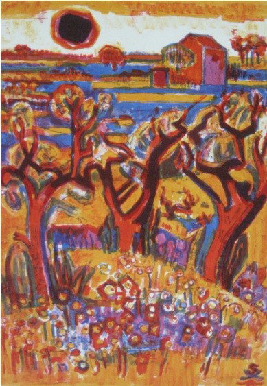 Suzanne Tourte lithograph: Suzanne Tourte- ''Les Oliviers des Taillades''- lithograph in colors, signed and numbered 14 of 25 in pencil. 18 x 12 3/4''