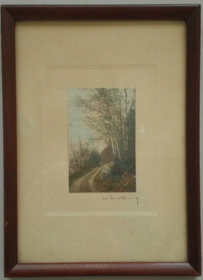 Wallace Nutting photograph: Wallace Nutting hand-tinted photograph, landscape with road, signed W. Nutting in pen on the mount, good condition. 3 x 2''