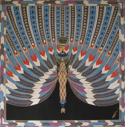 after Erte silk scarf: after Erte silk scarf- ''The Nile'', signed Erte in gold ink. 35 x 34 1/2''