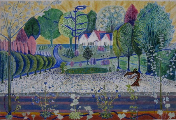 James Kococour watercolor: James Kococour- Landscape with House- watercolor and gouache on paper, signed James Kococour in pencil lower right, some staining and tears around edges. 18 x 27''