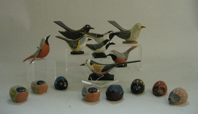 16 Mid 20th c. Swedish Figures of Animals: 16 Mid 20th c. Swedish Figures of Animals- 8 wooden birds, 4 plaster birds, along with 2 plaster porcupines and 2 plaster hedgehogs, all figures with pigment, some chipping of pigment, otherwise good