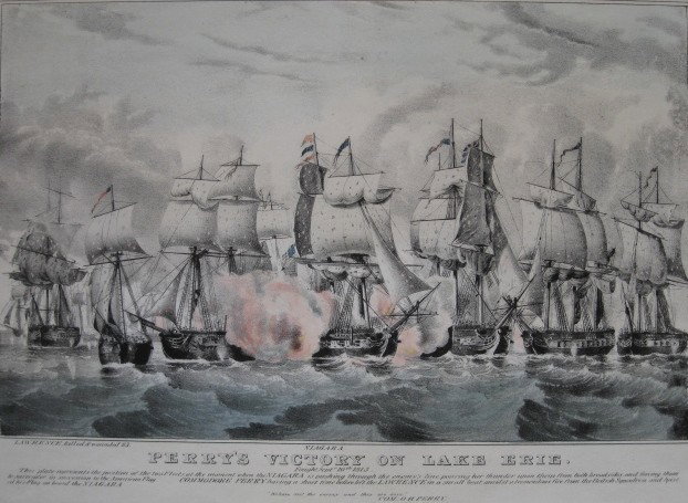 N. Currier lithograph: Nathaniel Currier- ''Perry's Vicotry on Lake Erie''- lithogrpah with hand-coloring, ca. 1863, together with a French lithograph for 'Le Caricature', some staining, various sizes.