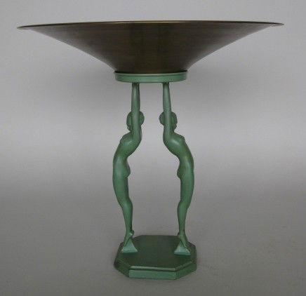 Frankart Inc. fruit bowl: Frankart Inc.- two figures holding copper fruit bowl aloft, depression green finish, minor paint loss on base and figures' ankles, copper bowl tarnished, good condition. 14 1/4'' H, bowl is 14 3/4'' D