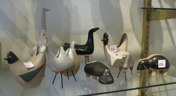 9 David Gil Ceramics by Cooperative Design: 9 David Gil Ceramics- by Cooperative Design- ca. 1954, 3 bird vases (1 as is); 1 hippopatamus; 1 steer (horn broken); 1 giraffe, 1 elephant, 1 camel, and 1 llama. various sizes