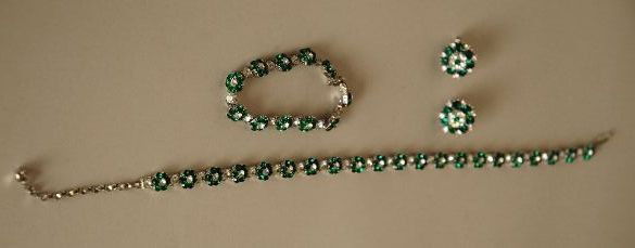 Trifari Choker Necklace, Bracelet, and Earrings: Trifari Choker Necklace, Bracelet, and Earrings- Brilliant clear and emerald rhinestones.