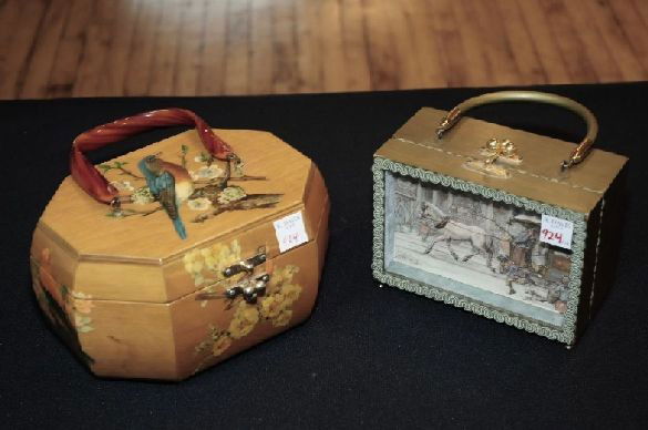 1 Anton Pieck Shadow Box Purse & 1 Wood Basket Pur: 1 Anton Pieck Shadow Box Purse and 1 Basket Purse- Anton Pieck box purse depicting a decoupage exterior scene,'R.B.C., Anton Pieck'(on exterior scene) and on bottom 'vue d'optique, Ruth B. Clark'; woo