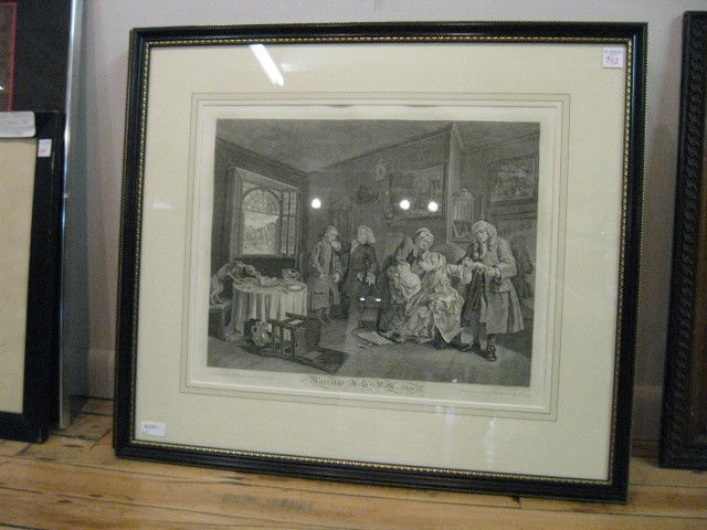 William Hogarth etchings: after William Hogarth- ''Marriage-A-La Mode, Plates I-VI''- suite of 6 engravings, very good condition. 13 3/4 x 17 1/2'' ea.