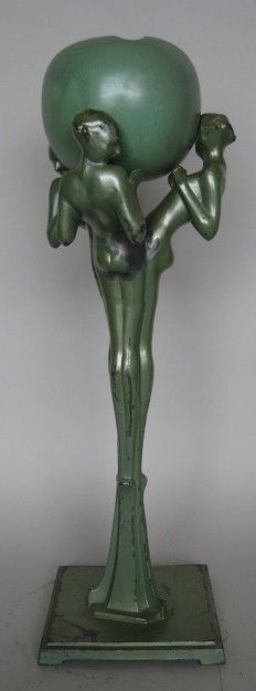 Frankart Inc. smoker's stand: Frankart Inc.- Smoker's Stand No. T335 - three nudes holding pottery ashtray, depression green finish, pottery is jade green, original insert, moderate paint loss throughout, good condition. 24 1/2''