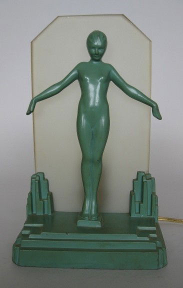 Frankart Inc. lamp: Frankart Inc.- Lamp No. L212- standing nude in front of glass panel, depression green finish, figure and base have very minor chips, base has very small 1/16'' dent along edge. Glass plate has glass m