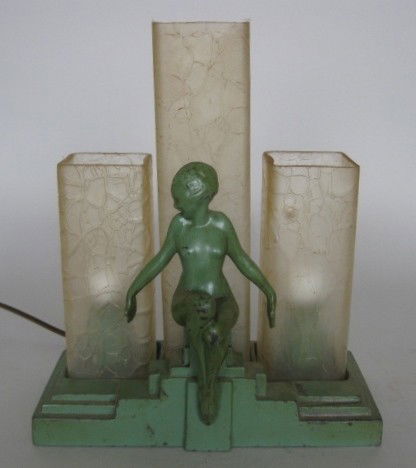 Frankart Inc. lamp: Frankart Inc.- Lamp No. L232- nude seated figure against three glass columns, depression green finish with crackled crystal glass inserts, inserts are reproduction, paint loss throughout figure and ba