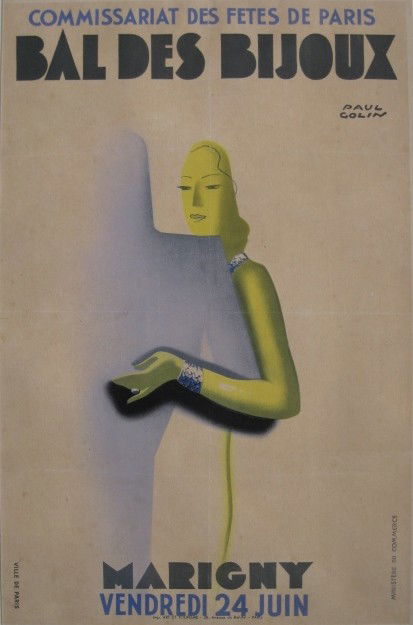 Paul Colin lithographic poster: Paul Colin- ''Bal Des Bijoux''- lithohgraphic poster in colors, published by Art et Tourisme Paris, crease as should be, slightly light struck. 23 x 15 1/8''
