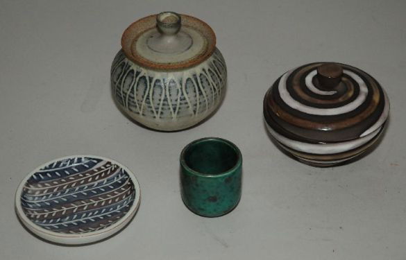 Ingrid Atterberg 3 Ceramic Items & 1 Cigarette Cu: Ingrid Atterberg- 3 Ceramic Items- 1 ash tray, 1 bowl with lid, 1 jar with lid along with 1 Swedish cigarette cup, all marked on bottom with exception of jar, all in good condition. various sizes.