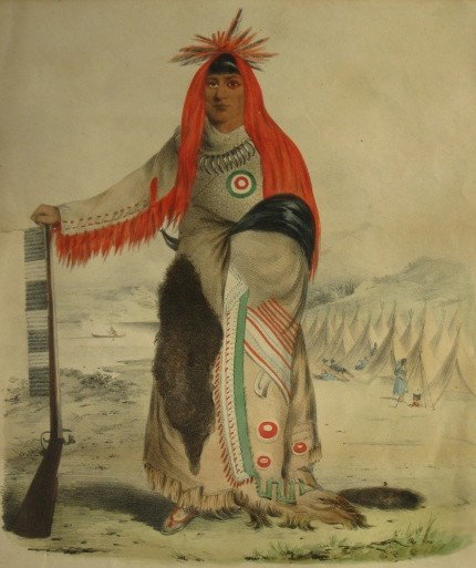 after J.D. Lewis lithograph: after J.D. Lewis- ''Waa-Nu-Tao'' or ''The Foremost in Battle, Chief of the Sioux Tribe''- lithograph with hand-coloring, ca. 1825, Published by Ackerman & Co., tear on left sides goes into image, ligh