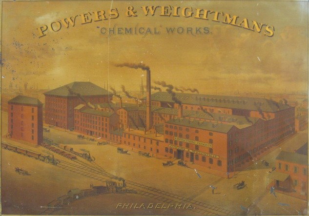 Wells & Hopi & Co. advertising sign: Wells & Hopi & Co. metallic advertising sign- ''Powers and Weightman's Chemical Works, Philadelphia''- chromolithograph, note condition. 20 x 28''