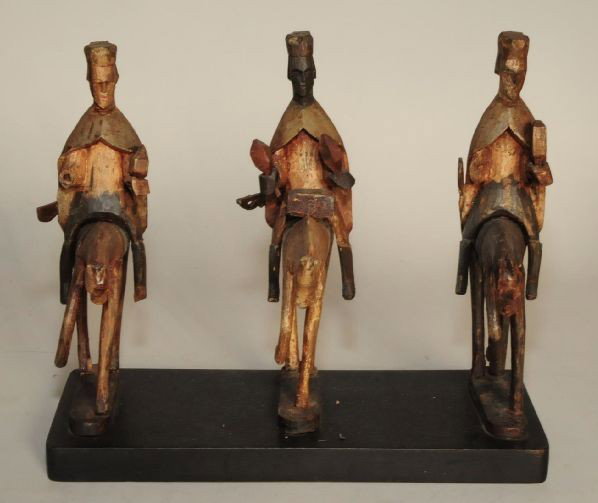 Puerto Rican Santos: Puerto Rican santos of the three wise man, carved and painted wood, ca. 1890's, carver identified as Florencio Caban. Note:hands missing, cracks and paint flaking. 9 1/2 x 11 1/4 x 4''