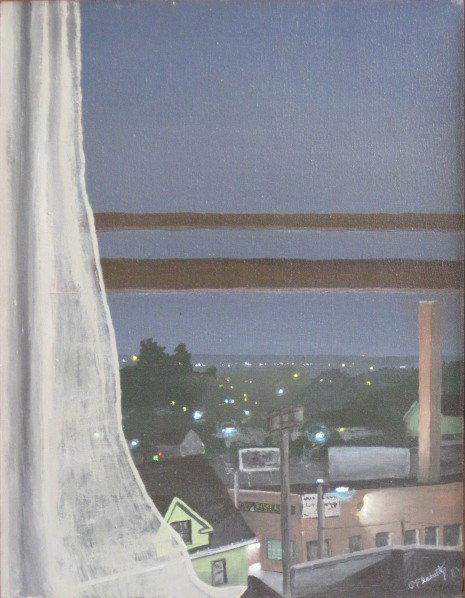Robert O'Flaherty acrylic: Robert O'Flaherty- ''Forest City at Night''- acrylic on canvas, ca. 1981, signed O'Flaherty '81 lower right, very good condition. Exhibited: All Ohio 1981 - Canton Institute of Art. 26 x 20''