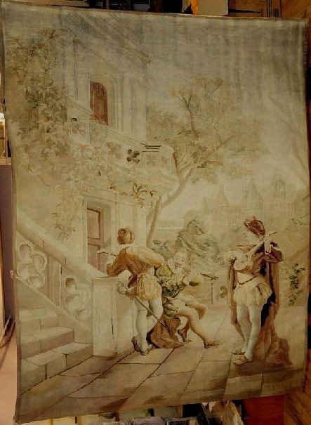 Aubusson tapestry: Aubusson tapestry of court musicians in a courtyard, signed in the lower right, some areas of repair, soiling throughout, colors faded some. 85 1/2 x 65''
