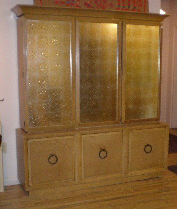 Robsjohn-Gibbings china cabinet: T. H. Robsjohn-Gibbings china cabinet, 1949, made by Widdicomb, several nicks and scratches in the wood. 78 x 69 x 17''