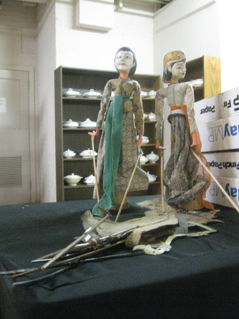Indonesian Shadow Puppets with 2 Indonesian Dolls: Indonesian Shadow Puppets with 2 Indonesian Dolls, one male, one female.