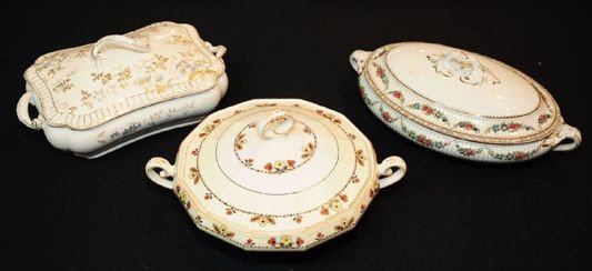 3 Soup Tureens: 3 English Porcelain Soup Tureens- John Maddock & Son; Myott Son and Company; and Booths, all with floral design, all include lids, all marked on bottom, typical wear, otherwise good condition. Length 