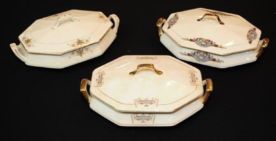 3 Soup Tureens: 3 Porcelain Soup Tureens- Spear & Company, pattern ''Maytime''; F.C. Company (?), pattern ''Martha Washington''; along with a tureen by an unknown manufacturer, all include lids, all octagonal form, 2